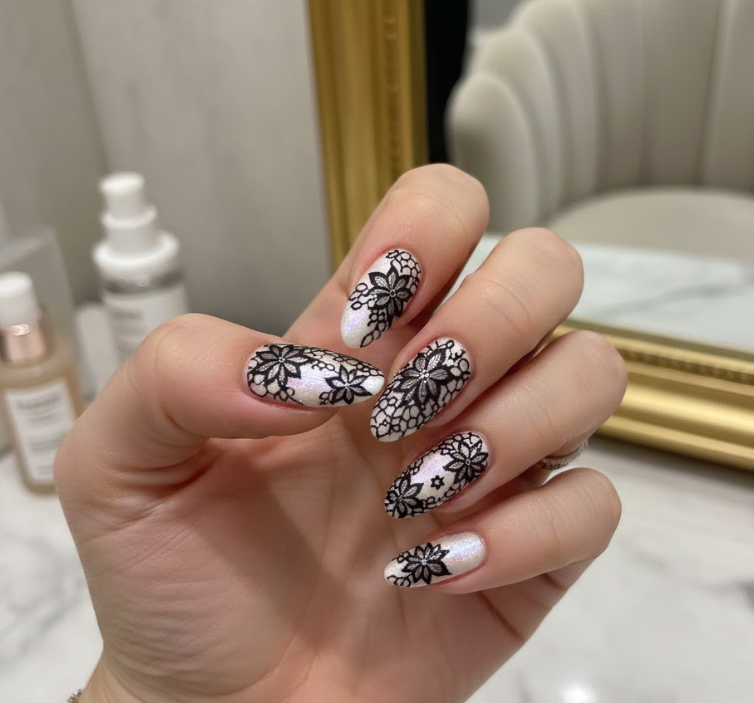 black and white lace nails