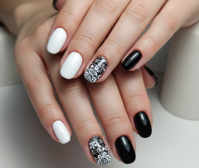 black and white lace nails