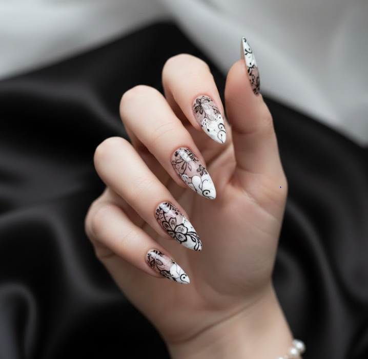 black and white lace nails