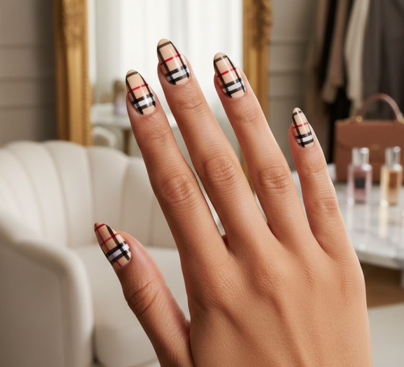 Classic Burberry plaid nail design with beige base, black and white grid lines, and red accents on all nails