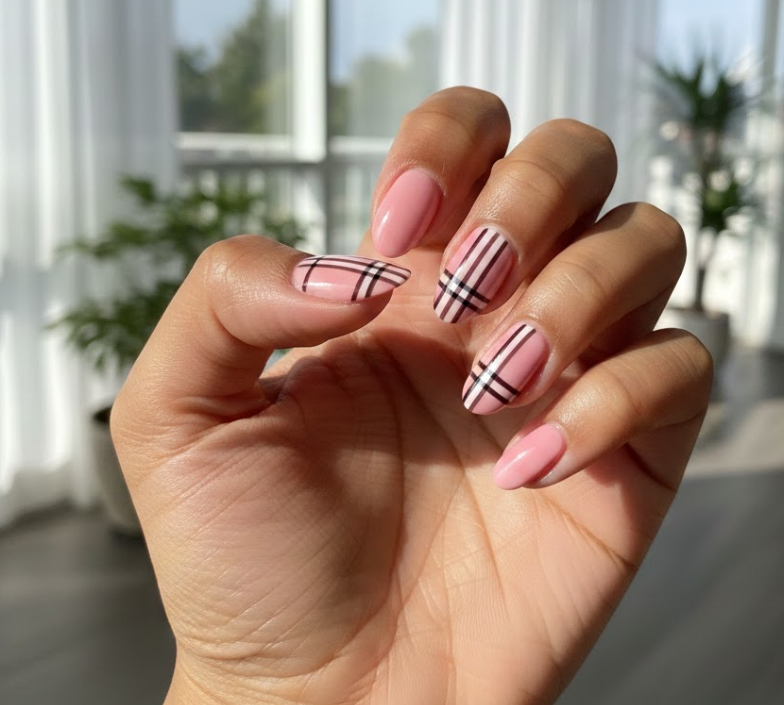 Instead of beige, it uses a soft pastel color like pink or mint with thin plaid lines on top
