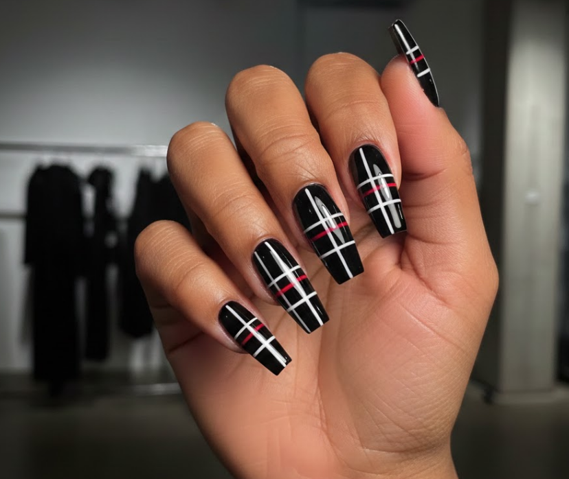 his one has a black base with white and red lines making the plaid stand out