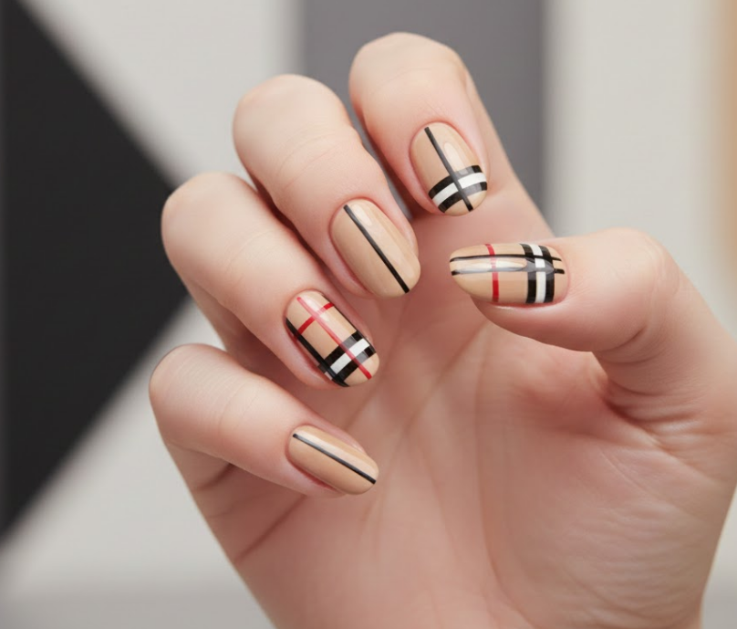 The nail is split in half, one side plain and the other side in a plaid design