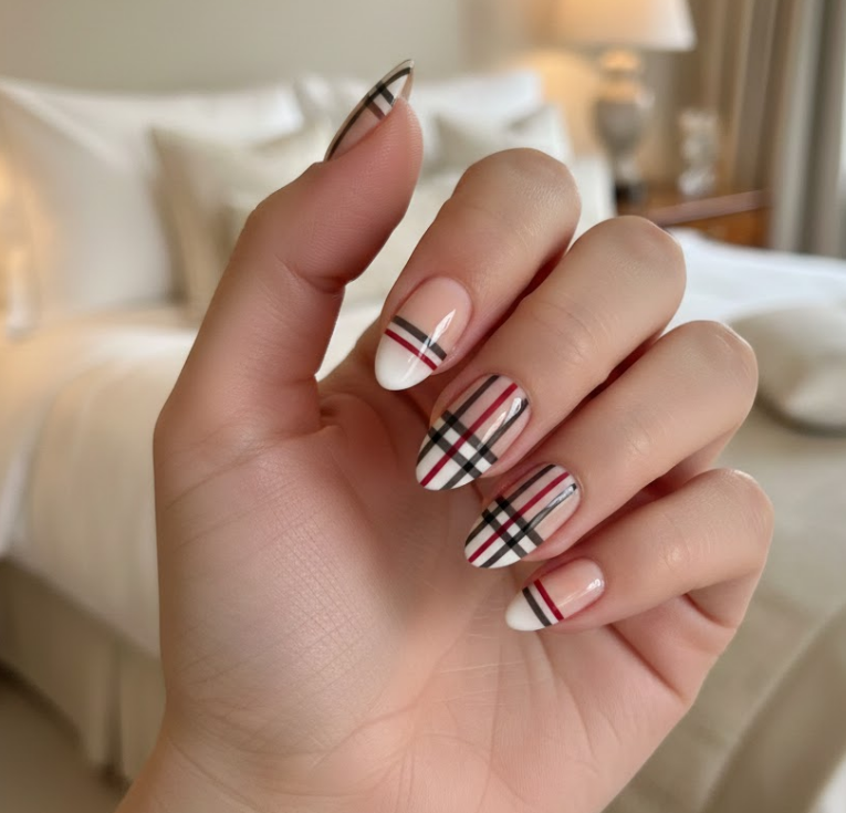The base fades from beige into white, and then the plaid lines are added on top
