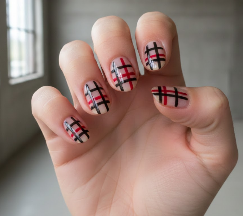 Part of the natural nail is left visible, with black and red lines creating a plaid pattern over it