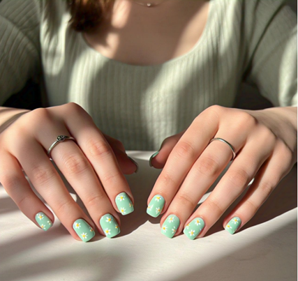 Mint base with tiny white flower designs, really soft and pretty like little daisies