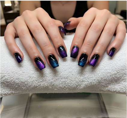This fun nail designs idea uses purple and blue shades with glitter, creating a galaxy effect