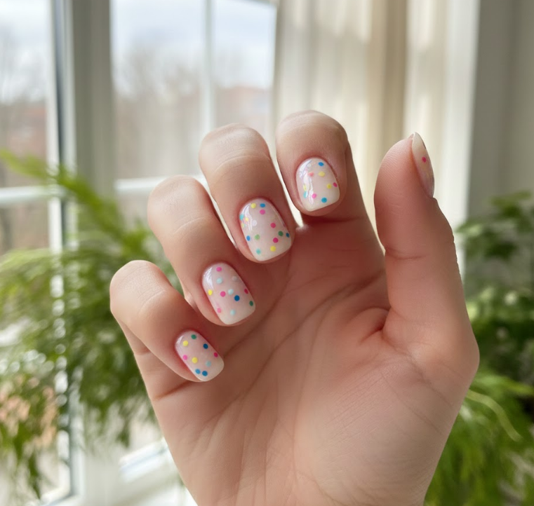 This one has a milky base with colorful tiny dots all over, like confetti, giving a really fun nail designs vibe