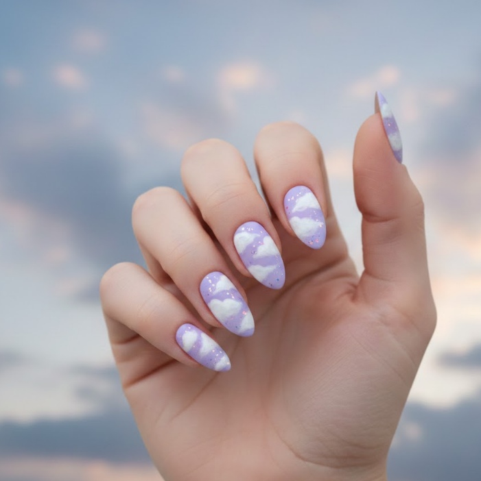 Soft pastel background with little white cloud designs, giving a dreamy and light feel