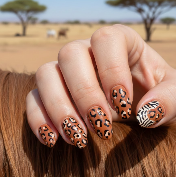 A caramel-colored base with random dark spots, inspired by animal print and stylish patterns