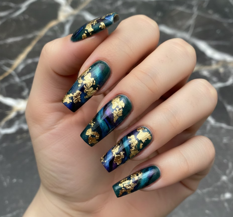 A rich base with pieces of gold foil on top, creating a luxurious and eye-catching finish