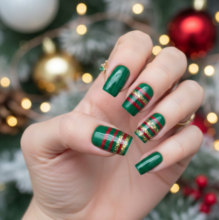 Festive fun nail designs with green, red, and gold glitter details, perfect for a holiday look