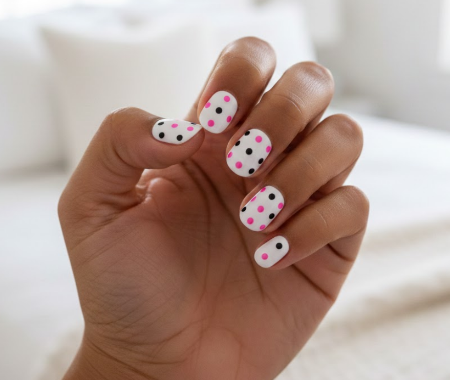 pink and black polka dot nails