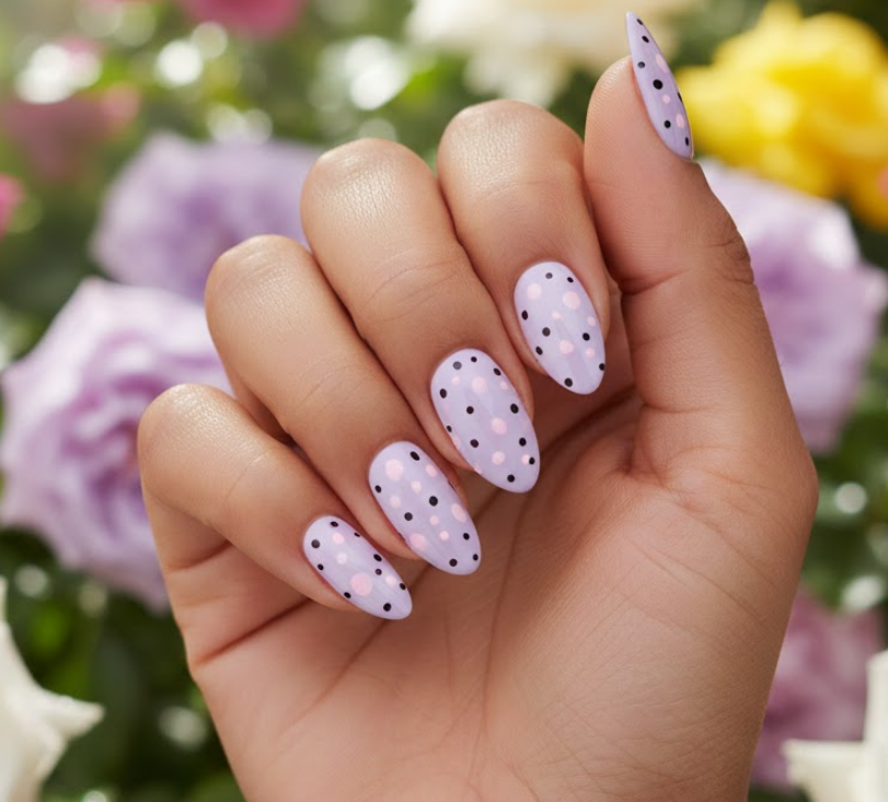 pink and black polka dot nails