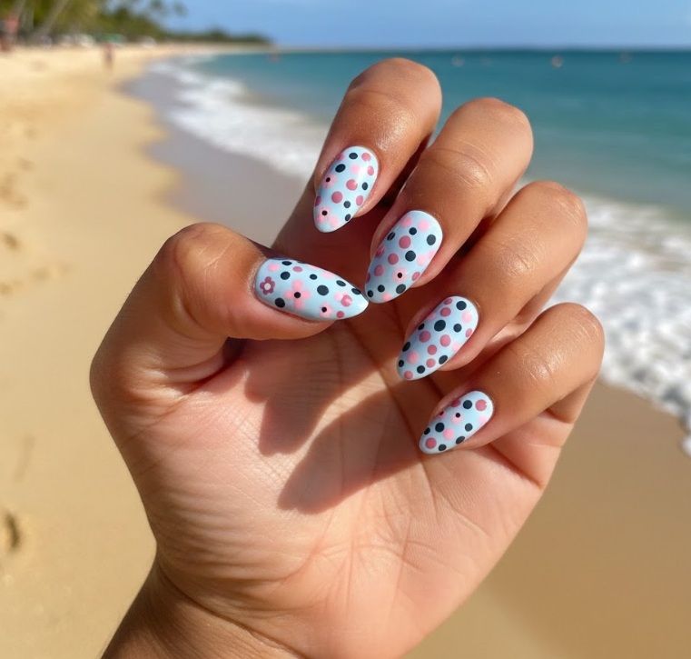 pink and black polka dot nails
