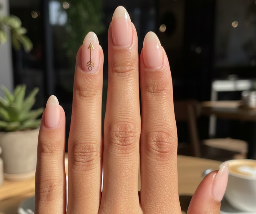 This cupid nails design has a nude or soft pink base with a thin little arrow on one nail, very simple and elegant