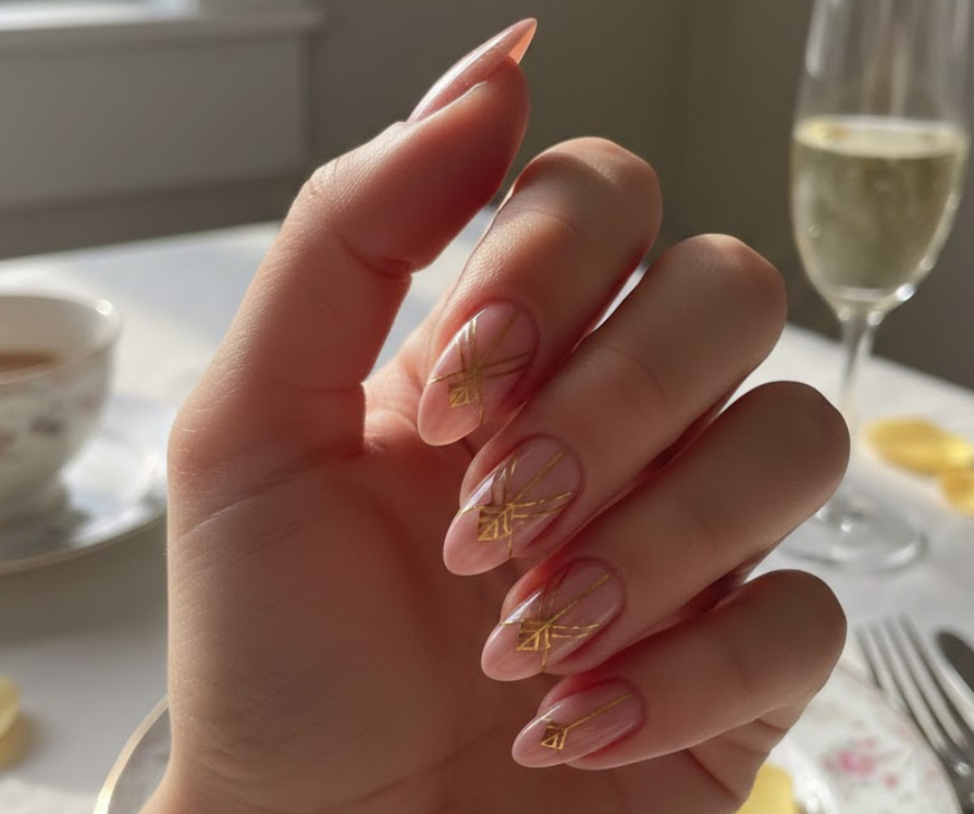 Blush pink nails with thin gold lines and a tiny arrow