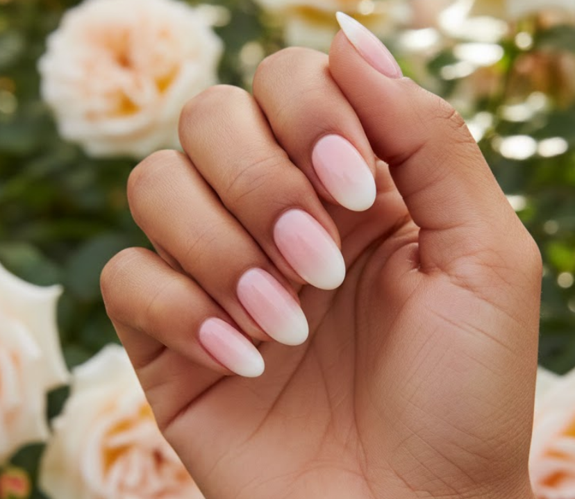 Gradient from nude to soft pink, subtle romantic nails
