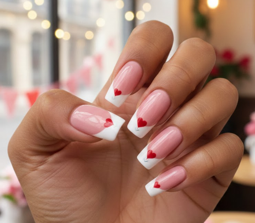 A small arrow pointing toward a tiny heart on the tip, making this cupid nails design feel cute and playful