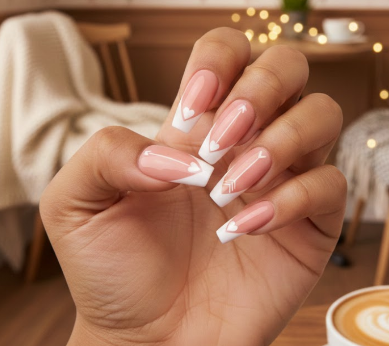 A small arrow pointing toward a tiny heart on the tip, making this cupid nails design feel cute and playful