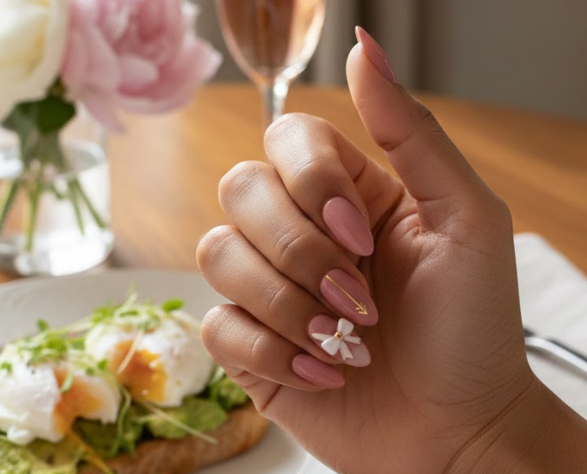 One nail has a small bow and another has an arrow, creating a matching cupid-inspired nail set
