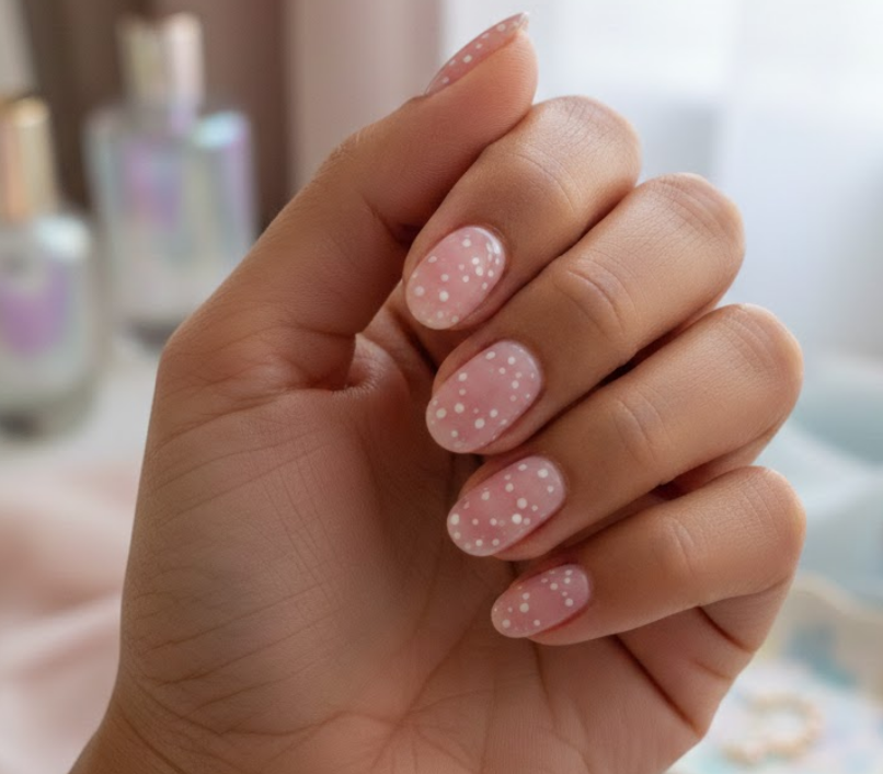 A soft pink base with tiny white dots scattered around, giving a sweet and dreamy look