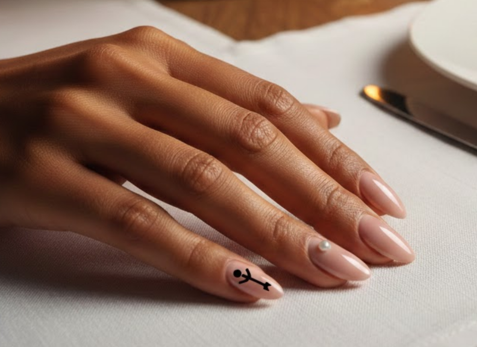 Nude or pink nails with a small pearl on one accent nail, adding a delicate and romantic touch
