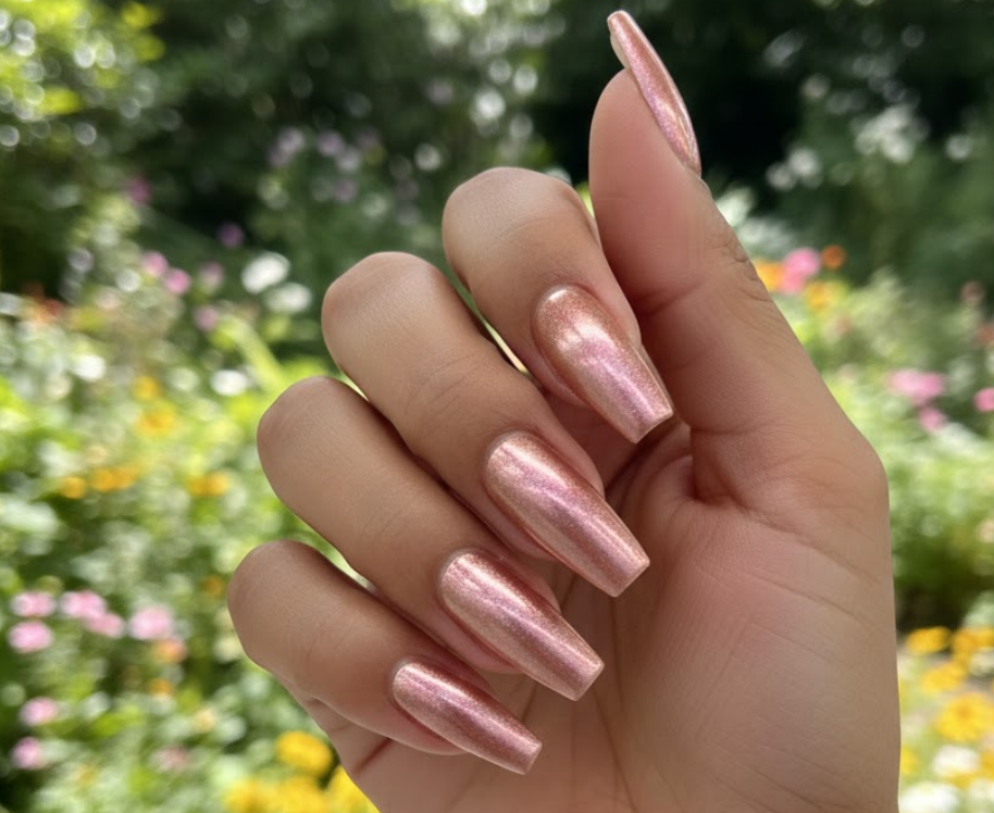 Nude base with shiny chrome tips in pink or gold, giving a modern and glossy cupid nails look