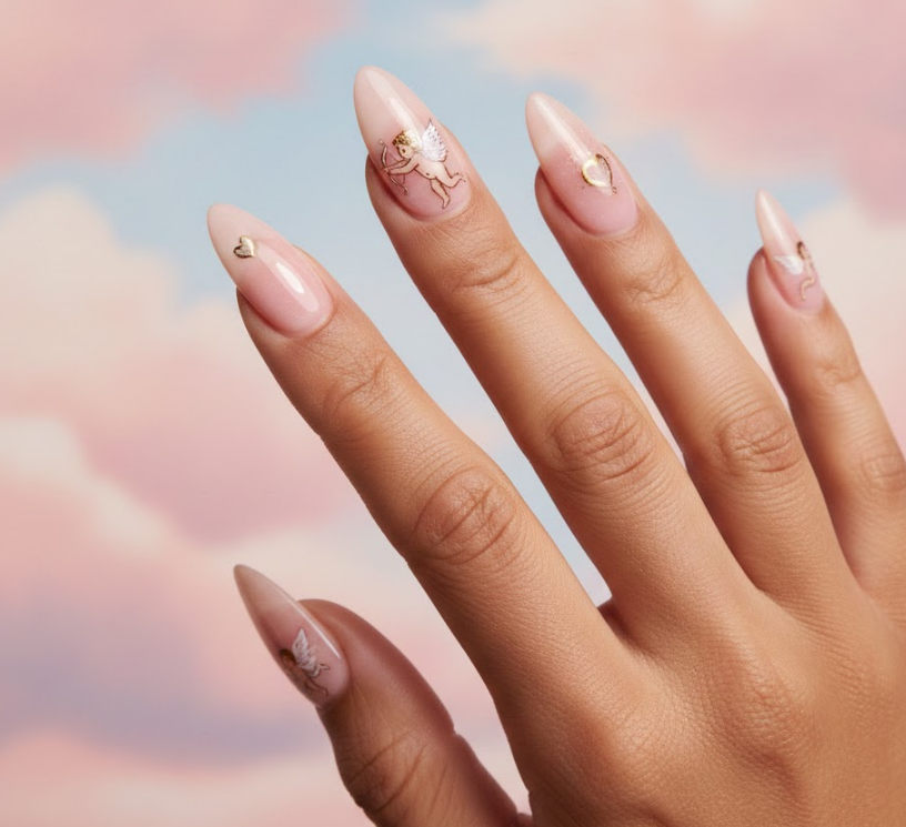 : A tiny hand-painted cupid angel on one nail, with wings and details that make it stand out beautifully