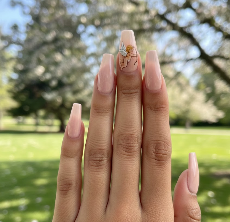 This cupid nails design shows a small scene with Cupid aiming an arrow, while other nails stay simple