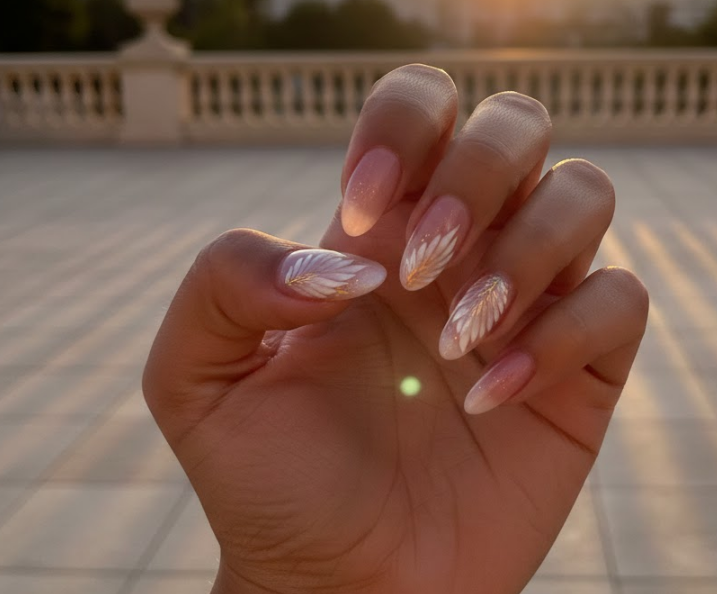 Soft white or gold wings painted across the nails, giving an angelic and elegant feel