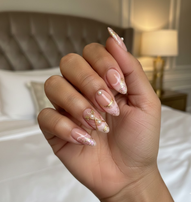 These cupid nails have a raised bow or arrow design using 3D gel or charms you can actually feel