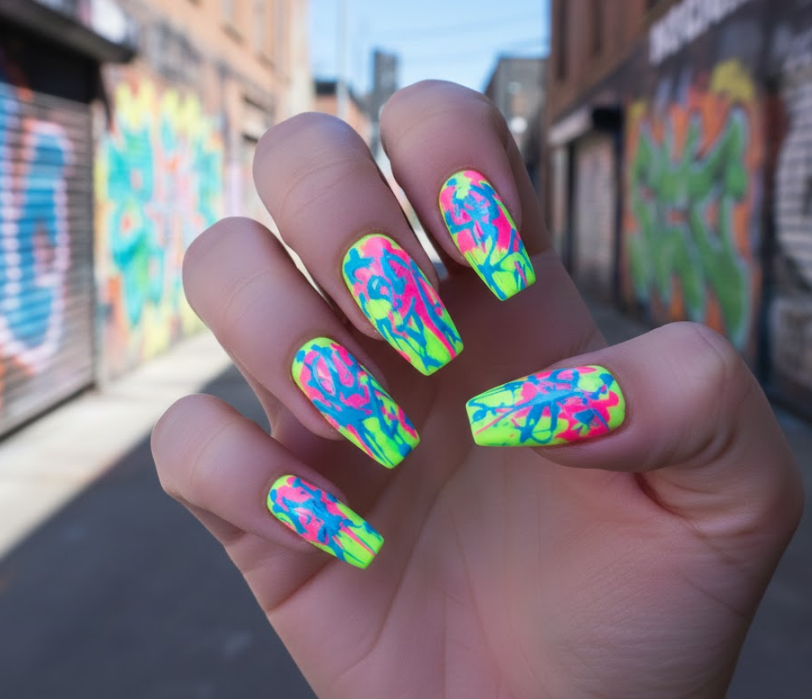 Bright neon splatters in pink, lime green, and blue on your nails, like an electric graffiti nails explosion
