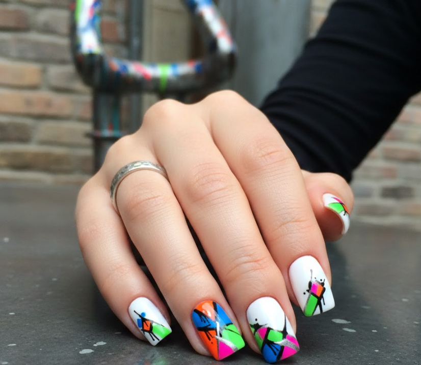 Clean white base with controlled graffiti-style lines and color blocks, modern and artsy