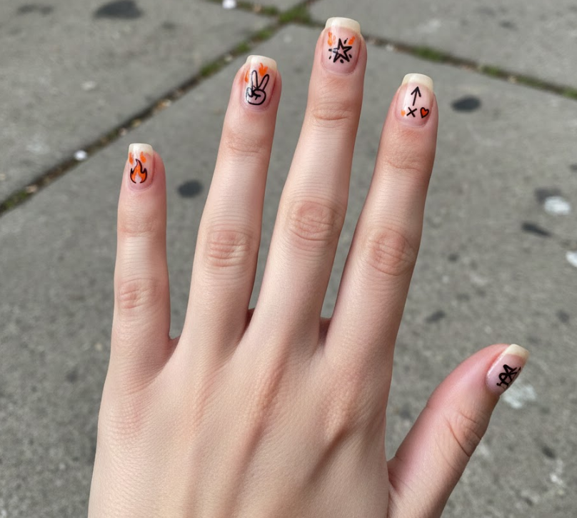 Tiny, detailed graffiti elements on short nails—a small flame, arrow, or peace sign for subtle edge