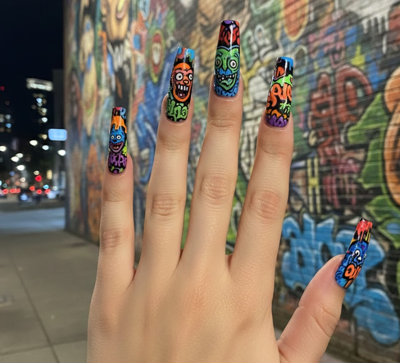Extended nails with complex murals, cartoon characters, or miniature landscapes, like walking street art