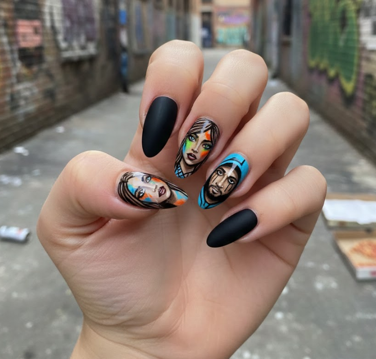 One or two nails with detailed portrait-inspired graffiti, stylized faces or abstract expressions