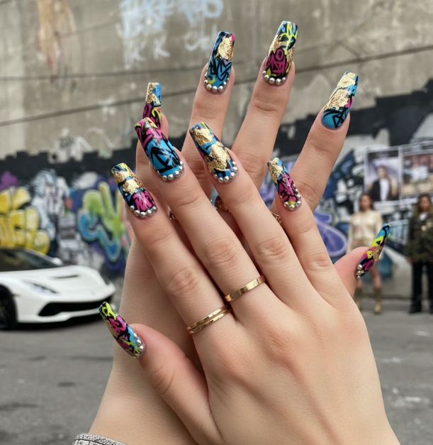 Graffiti nails with added micro-pearls, gold foil, or silver studs for a luxe, fashion-forward twist