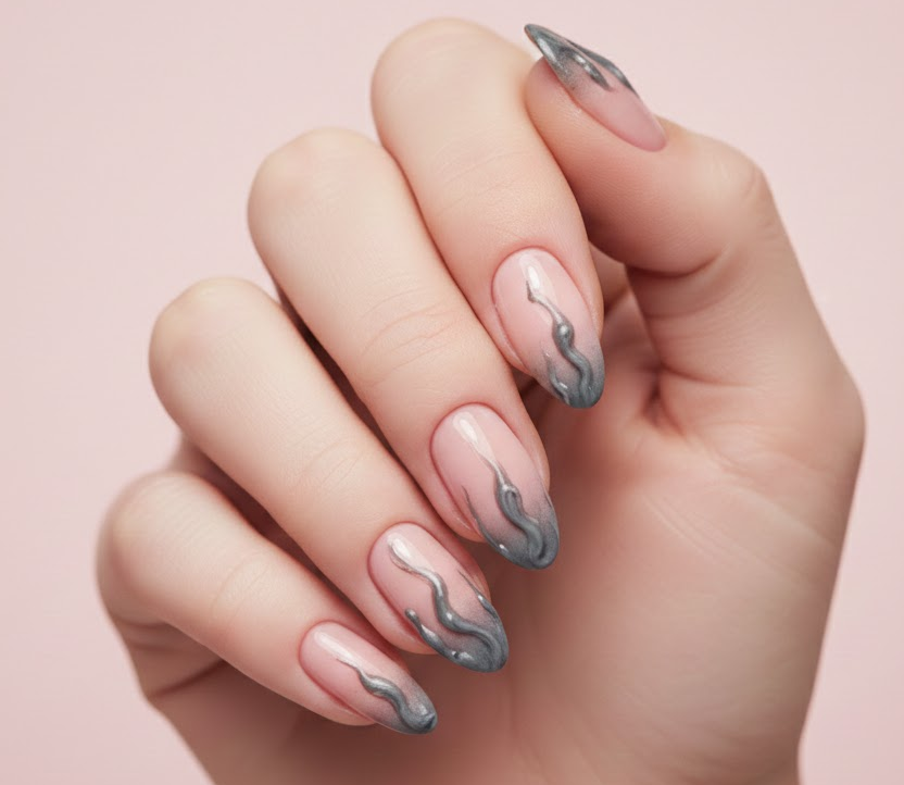 Nude nails with a bold grey drip on each nail, minimalist and chic, perfect for a stylish everyday drip nails look