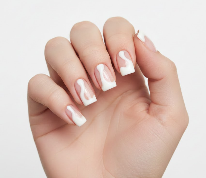 Clear nails with crisp white drips, clean and fresh, great for a modern drip nails vibe