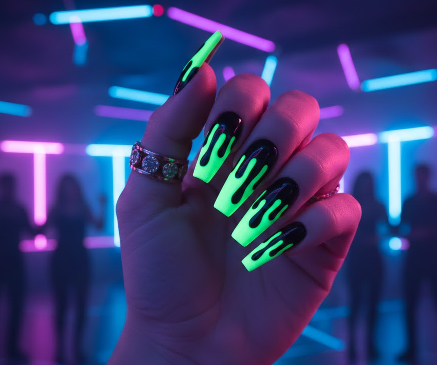 Black or white base nails with bright neon green drips, bold and energetic, party-ready drip nails