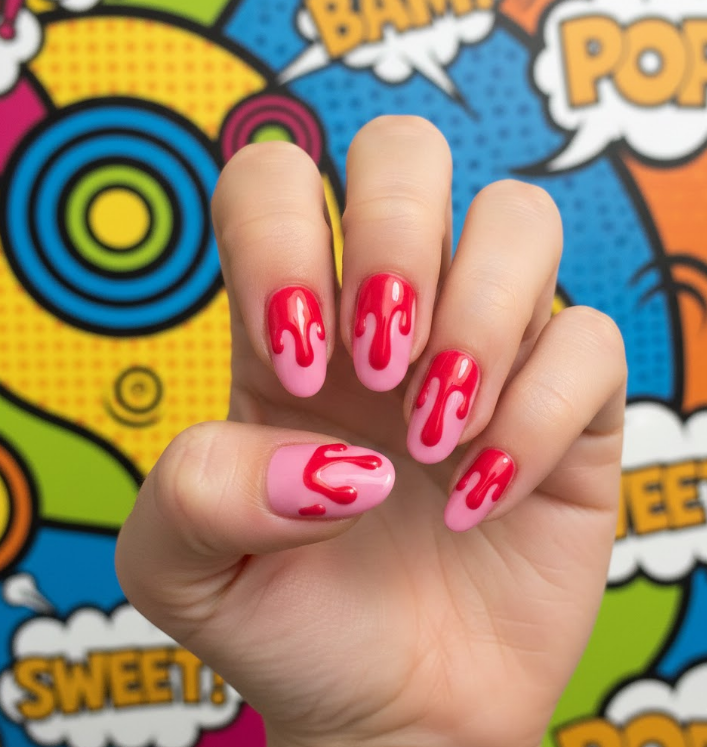 Hot pink drips over matching or contrasting nails, fun and feminine, a playful drip nails style