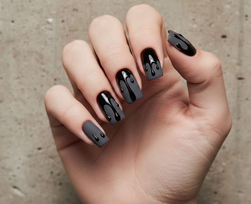 Matte nails with shiny drips on top, creating a striking texture contrast for modern drip nails