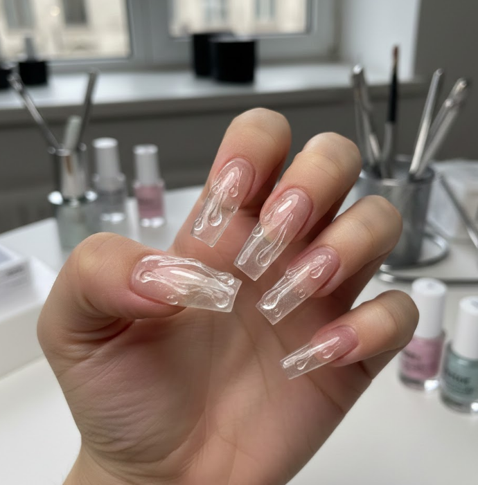 3D gel drips sculpted over nails, ultra-realistic and artistic, a high-fashion drip nails look