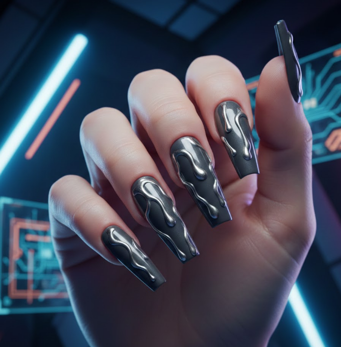 Silver metallic drips on dark or holographic nails, futuristic and cyberpunk-inspired drip nails