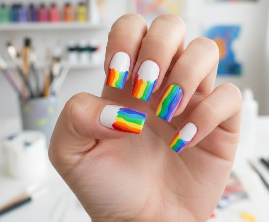 Multi-colored drips on each nail or a white base, playful and cheerful, colorful drip nails fun