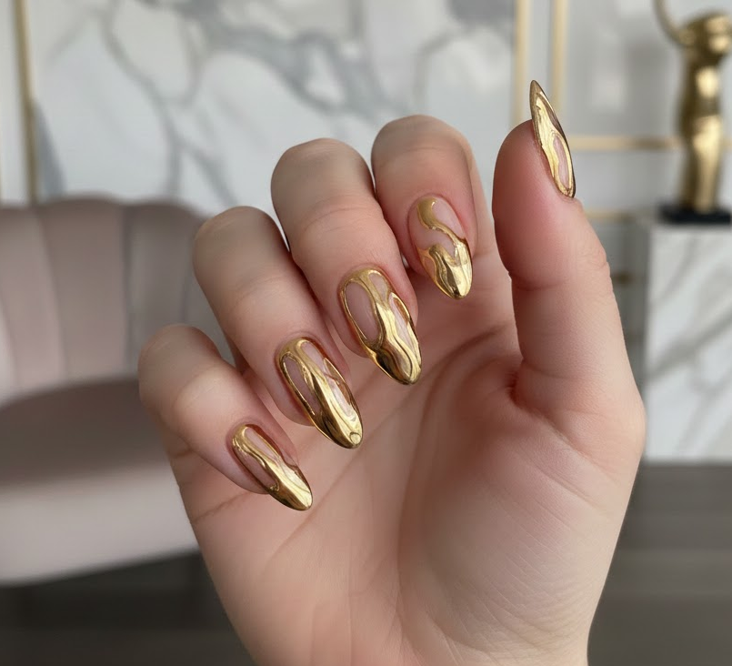 Metallic gold chrome drips over a solid base, luxurious and glamorous drip nails perfect for parties
