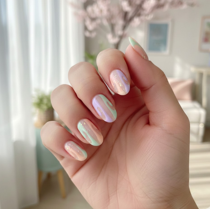Soft pastel drips in lavender, mint, or peach over nude or clear nails, sweet and whimsical drip nails