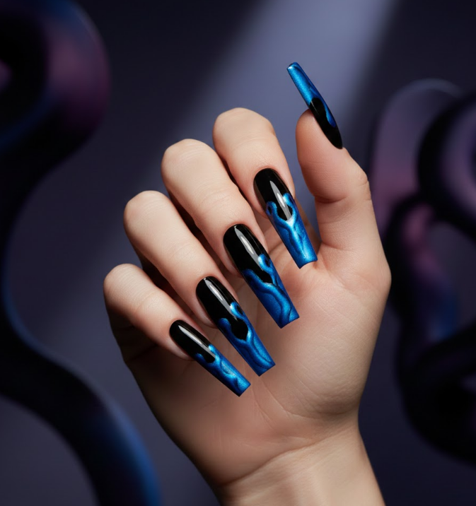 Long coffin nails with drips flowing from wide tips, dramatic and fierce drip nails look