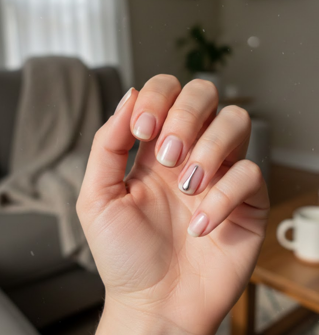 Small single drips on short nude or clear nails, subtle yet edgy everyday drip nails